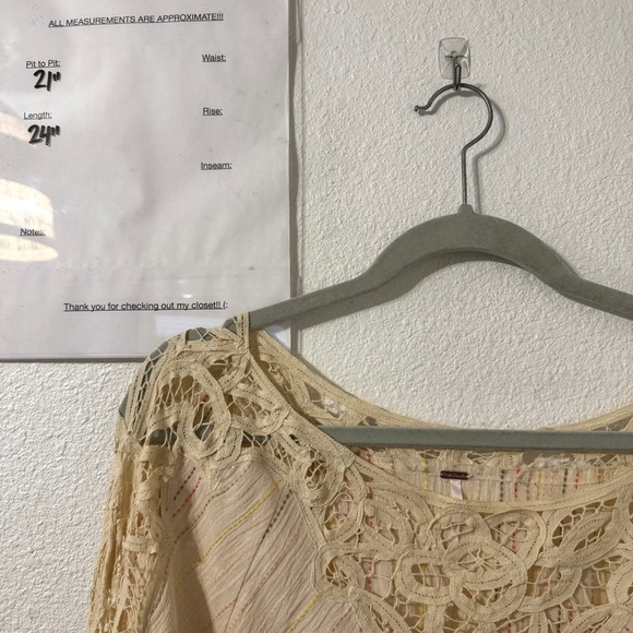 Free People Crochet Lace Peasant Blouse Cream Striped Cotton Smocked Top Large - Picture 6 of 6